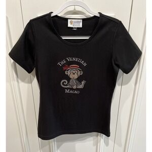 Christine Alexander Rhinestone Studded Black T Shirt Monkey Macao Venetian Fun